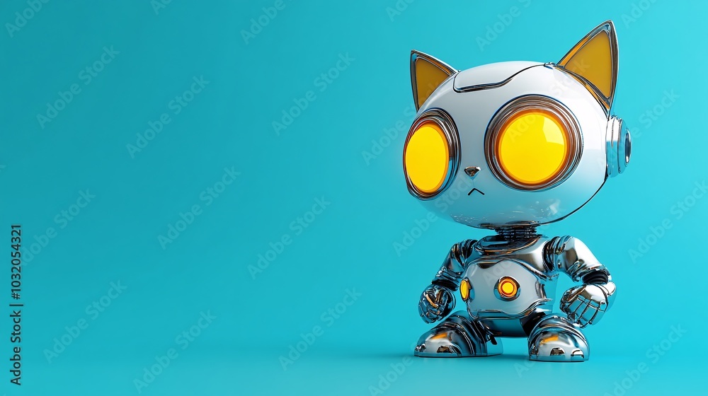 Poster adorable robotic kitten with shiny chrome features and led eyes looking playful on a bold surface st