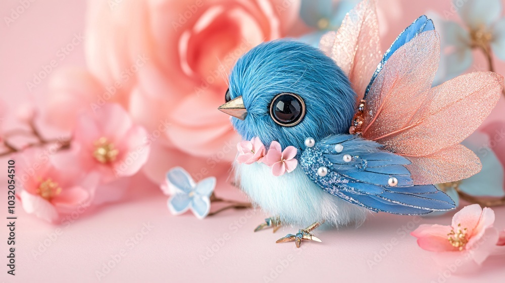 Poster robotic bird with metallic feathers and mechanical wings sitting cutely on a pastel background stock