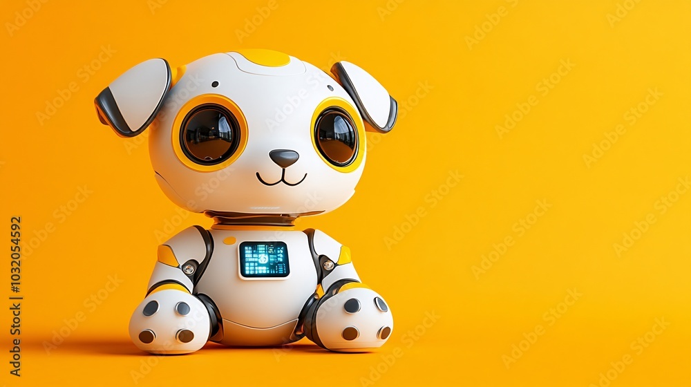 Poster futuristic pet robot dog with a sleek body and digital display collar sitting confidently on a vibra