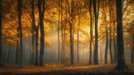 Fototapeta premium Enchanted Forest with Tall Trees in Misty Atmosphere