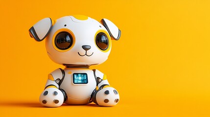 Obraz premium Futuristic pet robot dog with a sleek body and digital display collar sitting confidently on a vibrant backdrop Stock Photo with side copy space