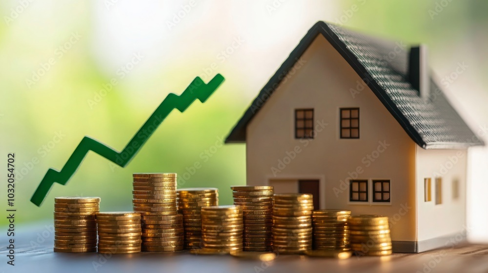 Poster a model house sits next to stacks of gold coins, while a green upward arrow signifies increasing val