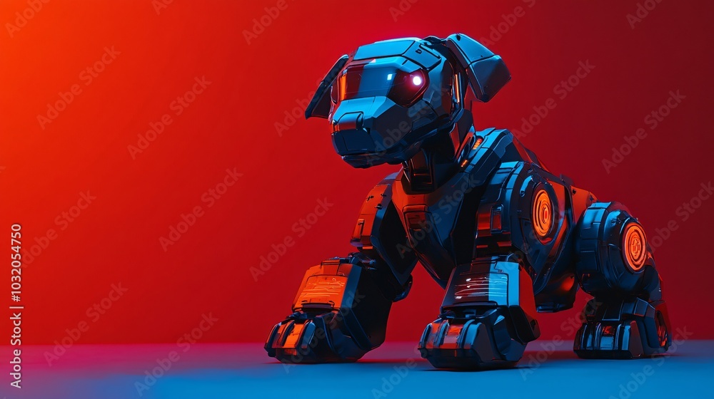 Poster futuristic pet robot dog with a sleek body and digital display collar sitting confidently on a vibra