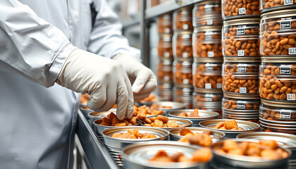 Obraz premium Close up picture of quality control personnel are inspecting the quality of canned pet food. Physical quality inspection. Quality control process of pet food industry isolated with white highlights,