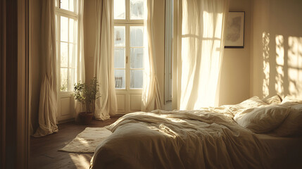 The interior of the living room, Bedroom in bright colors, Big comfortable double bed in elegant classic room, bedroom bathed in sunlight, featuring white bedding, sheer curtains, and a vase
