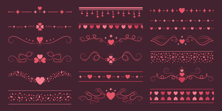 Vintage elegant dividers with hearts and stars, Valentine Day decorations, frames, stickers and ornament set. Vector red and pink design elements.