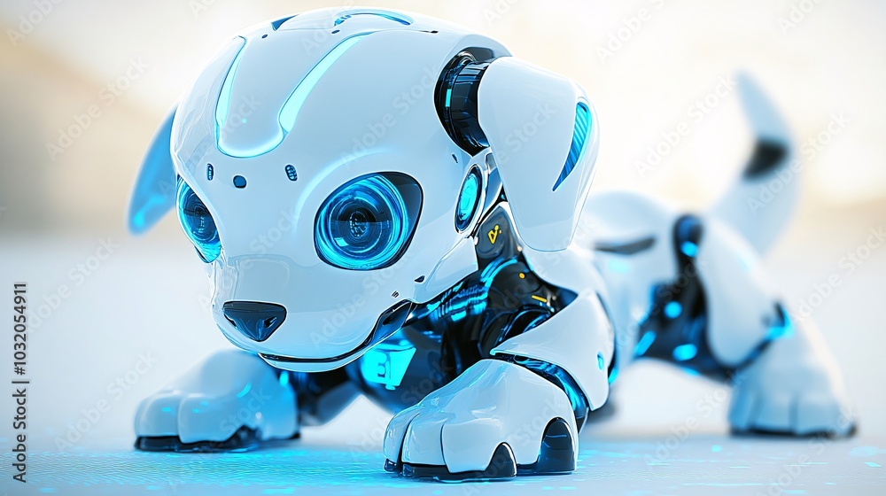 Aufkleber adorable robotic puppy with metallic fur and expressive digital eyes wagging its tail on a fun surfa