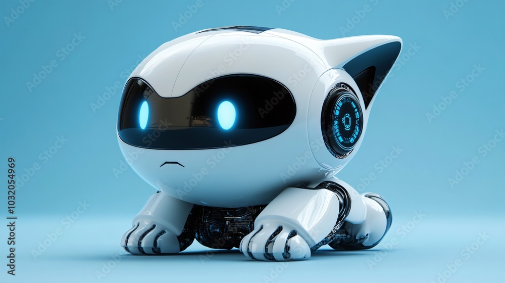 Poster robotic cat with smooth metal body and digital whiskers sitting playfully on a bright background sto