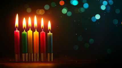 A celebration of Kwanzaa with colorful candles lit to honor family and community traditions