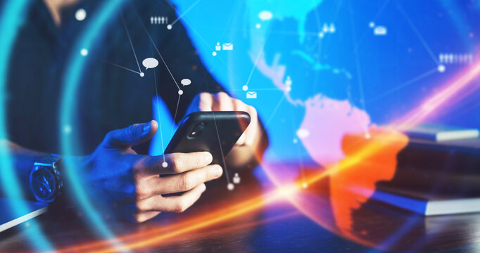 Man pointing on smartphone screen, chatting in social networks, meeting website, searching internet, sending sms, using text messenger or online banking. Remote work - Powered by Adobe