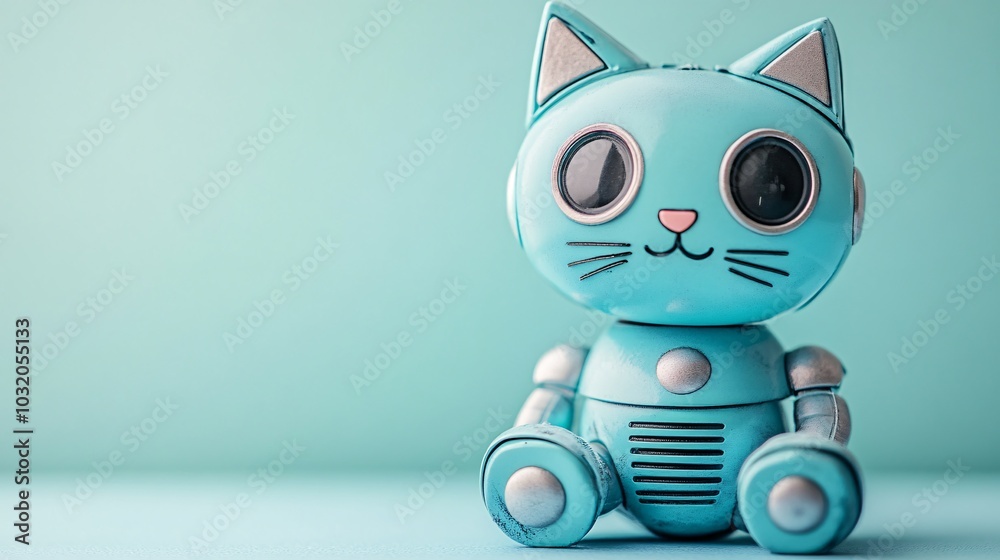 Poster robotic cat with smooth metal body and digital whiskers sitting playfully on a bright background sto