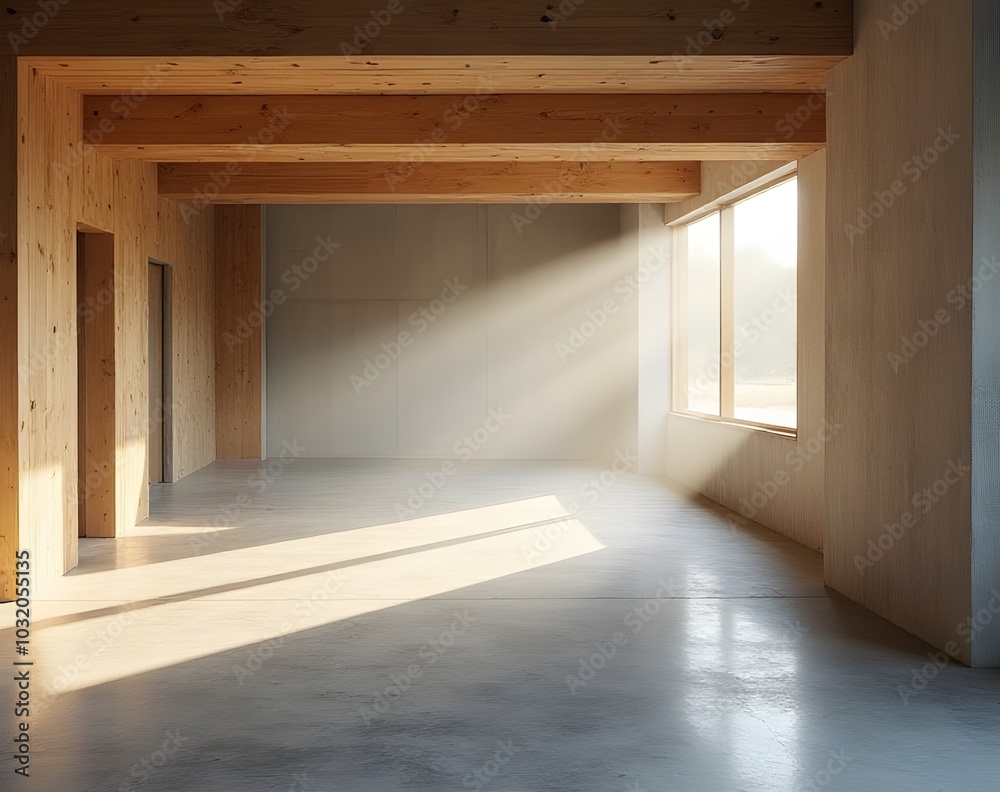 Poster a room filled with natural light amidst empty spaces of wood and cold concrete.