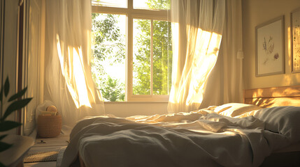 The interior of the living room, Bedroom in bright colors, Big comfortable double bed in elegant classic room, bedroom bathed in sunlight, featuring white bedding, sheer curtains, and a vase
