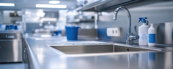Clean, shiny industrial kitchen sink with disinfectant spray nearby, ready for use