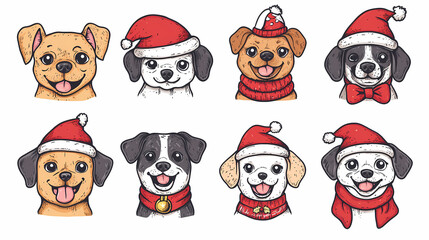 Obraz premium Vector set of cute and smiling dog doodles. Dog faces with flat colors, bows, christmas hats, scarfs, dalmatian, pug, poodle, and beagle on white background. Sticker, comic, and print design.