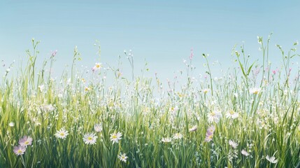 A meadow of tall, detailed grass with wildflowers blooming throughout, under a clear blue sky.