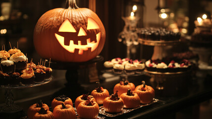 A Halloween party featuring a pumpkin-themed dessert bar for guests.