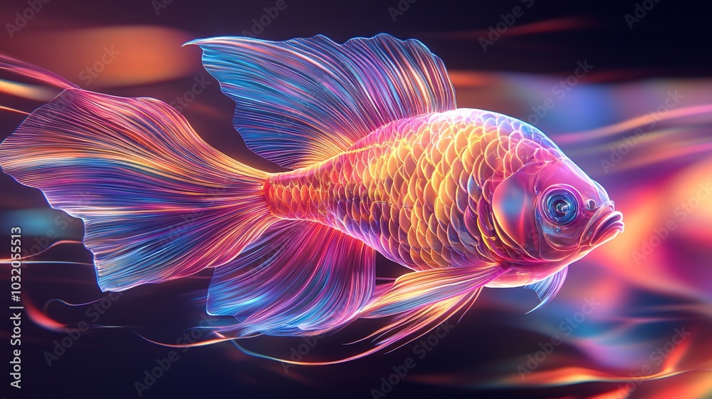 Poster futuristic robotic fish with glowing scales and smooth movements swimming gracefully against a vibra
