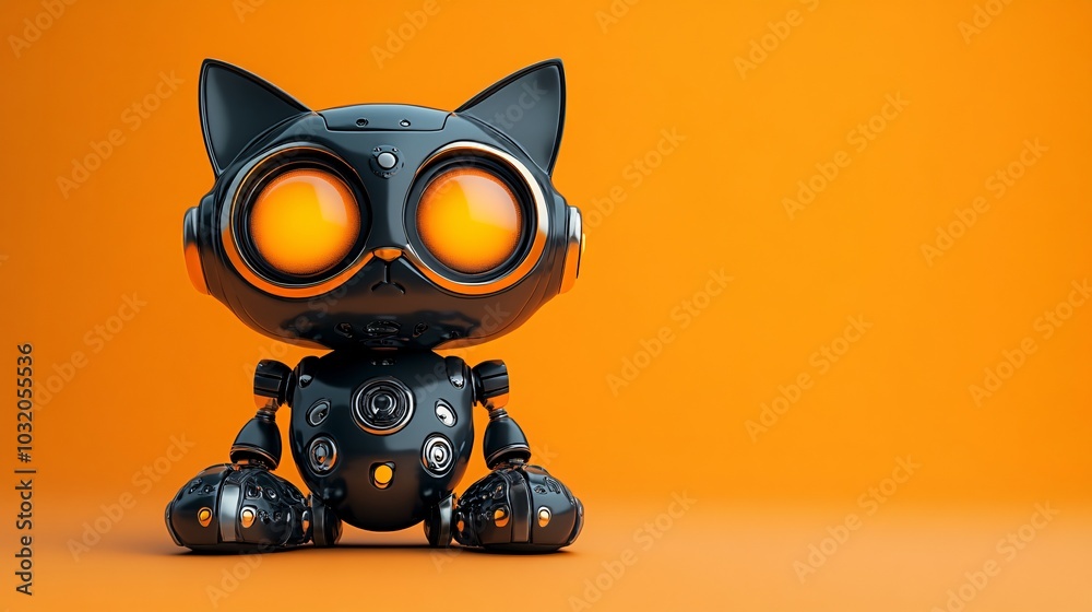 Aufkleber Robotic kitten with metallic paws and soft glowing eyes curiously sitting on a colorful backdrop Stock Photo with side copy space