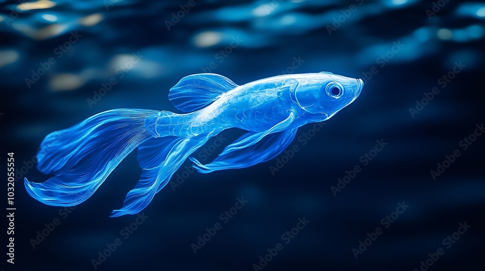 Poster futuristic robotic fish with glowing scales and smooth movements swimming gracefully against a vibra