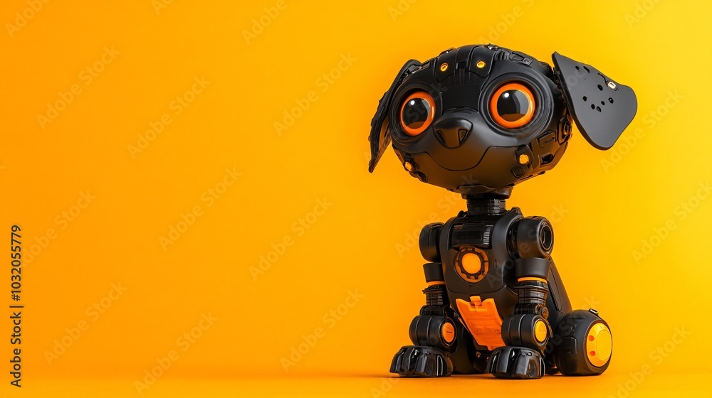 Poster playful robot dog with shiny metal joints and expressive face sitting against a bright bold backgrou