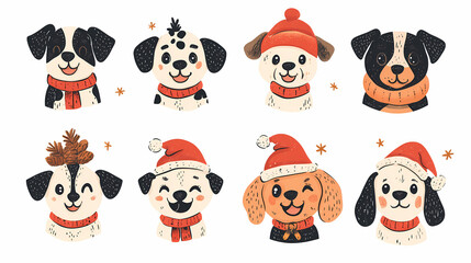 Vector set of cute and smiling dog doodles. Dog faces with flat colors, bows, christmas hats, scarfs, dalmatian, pug, poodle, and beagle on white background. Sticker, comic, and print design.