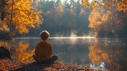 A young boy sits on the edge of a lake, his back to the camera, looking out at the calm water. The fall foliage is bright orange and yellow, and there is mist rising from the lake.