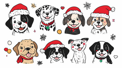 Obraz premium Vector set of cute and smiling dog doodles. Dog faces with flat colors, bows, christmas hats, scarfs, dalmatian, pug, poodle, and beagle on white background. Sticker, comic, and print design.