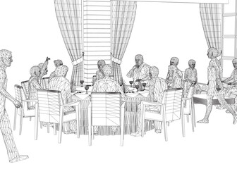 Obraz premium Wireframe of people sitting in restaurant on chairs and sofa from black lines isolated on white background. Restaurant interior. Perspective view. Vector illustration. 3D