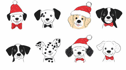 Naklejka premium Vector set of cute and smiling dog doodles. Dog faces with flat colors, bows, christmas hats, scarfs, dalmatian, pug, poodle, and beagle on white background. Sticker, comic, and print design.