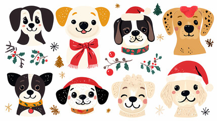 Obraz premium Vector set of cute and smiling dog doodles. Dog faces with flat colors, bows, christmas hats, scarfs, dalmatian, pug, poodle, and beagle on white background. Sticker, comic, and print design.