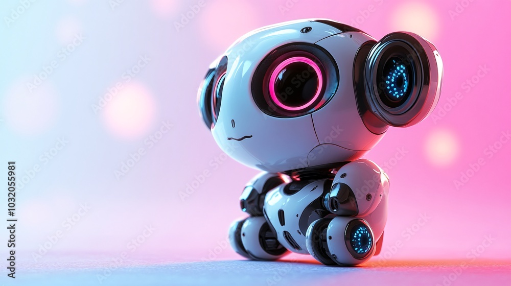 Aufkleber adorable robotic hamster with smooth chrome body and tiny led eyes standing cutely on a pastel surfa