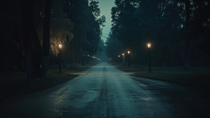 A dimly lit road leading through a forest at night