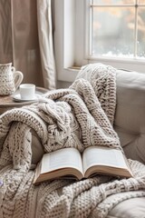 Cozy Reading Corner with Book and Blanket. AI generative