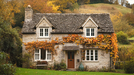 Autumn cottage in the English countryside style, old village architecture, autumnal nature beauty © Anneleven