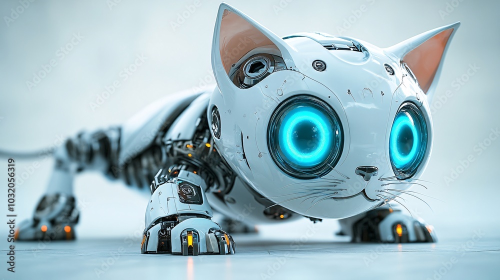 Poster sleek robotic kitten with smooth metallic fur and glowing blue eyes looking playful on a bright surf