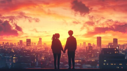 Fototapeta premium Anime-style couple holding hands enjoying afternoon city view with romantic glow and chill vibe.
