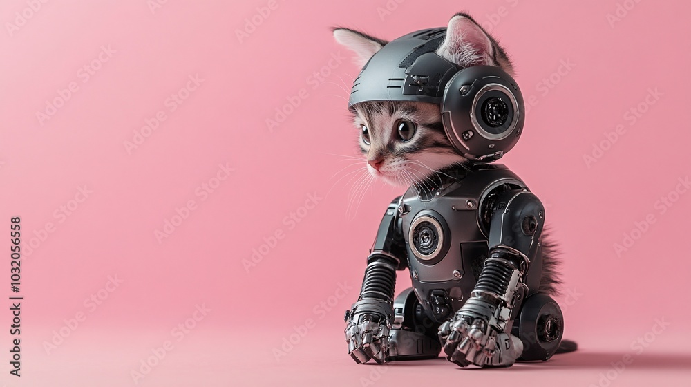 Aufkleber playful robotic kitten with smooth metal body and digital whiskers sitting confidently on a pastel s
