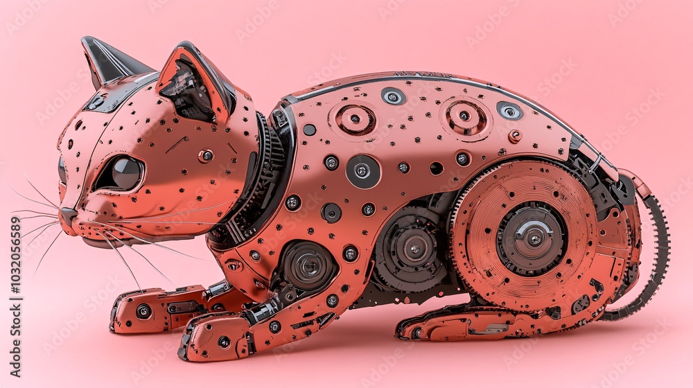 Poster playful robotic kitten with smooth metal body and digital whiskers sitting confidently on a pastel s