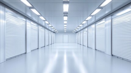 Obraz premium Modern storage facility interior with clean, bright lighting and rolling doors.