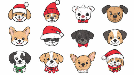 Vector set of cute and smiling dog doodles. Dog faces with flat colors, bows, christmas hats, scarfs, dalmatian, pug, poodle, and beagle on white background. Sticker, comic, and print design.