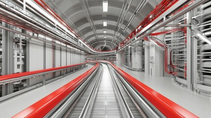 Obraz premium Futuristic underground railway tunnel with red piping and tracks, ideal for futuristic transportation projects.