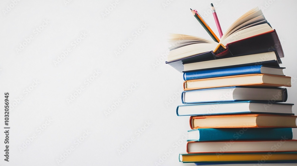 Aufkleber Top view of a stack of books with an open notebook and pencils ready for note-taking on a clean simple backdrop Stock Photo with side copy space