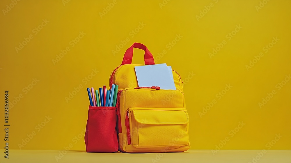 Poster a bright backpack with school essentials like markers paper and a lunchbox spilling out onto a soft 