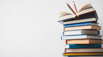 Top view of a stack of books with an open notebook and pencils ready for note-taking on a clean simple backdrop Stock Photo with side copy space