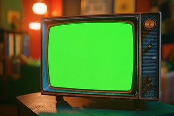 Vintage TV with green screen. Mock up. Chroma key display. Generative Ai