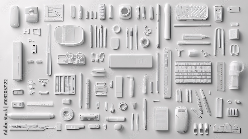 Poster various stationery items including staplers highlighters and binders arranged artistically on a mono