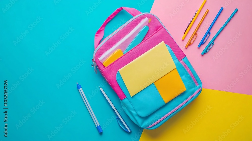 Poster a bright backpack with school essentials like markers paper and a lunchbox spilling out onto a soft 