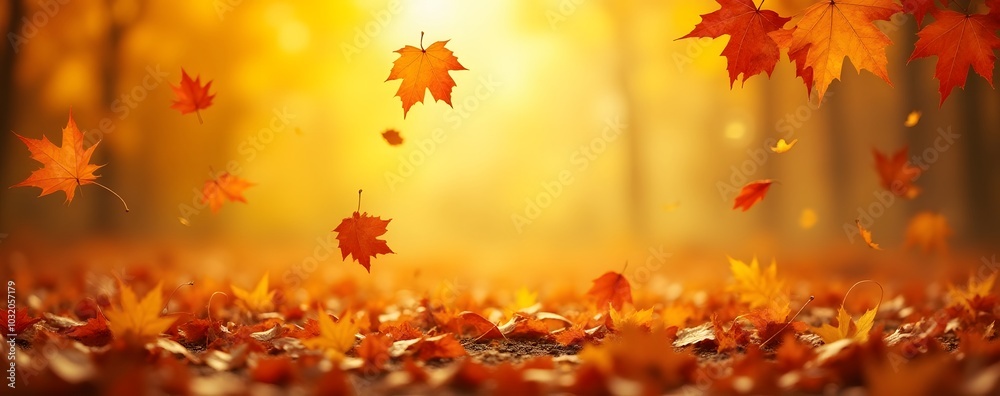 Wall mural autumn leaves fall in a colorful background banner with golden hues and intricate patterns.