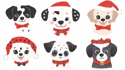 Obraz premium Vector set of cute and smiling dog doodles. Dog faces with flat colors, bows, christmas hats, scarfs, dalmatian, pug, poodle, and beagle on white background. Sticker, comic, and print design.